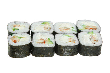 Sushi roll with eel, cheese philadelphia and cucumber. Isolated on white background.