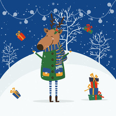 Merry Christmas and Happy New Year winter holidays greeting card with cartoon elements. Vector illustration