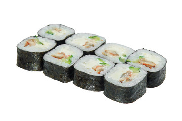 Sushi roll with eel, cheese philadelphia and cucumber. Isolated on white background.