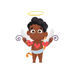Afro cupid holding band with paper hearts illustration. Kid, love, romantic, angel. Saint Valentines Day concept. Vector illustration can be used for topics like love, celebration, greeting card