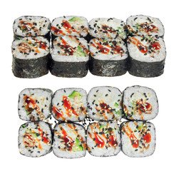 Sushi roll with eel, cheese, cucumber, sauce and sesame. Isolated on white background.