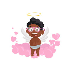 Afro cupid in pink eye-glasses illustration. Boy, funny, cute. Saint Valentines Day concept. Vector illustration can be used for topics like romantic, love, celebration, greeting card