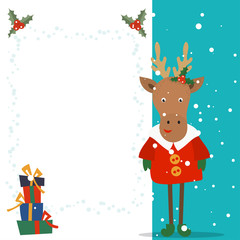 Fototapeta premium Merry Christmas and Happy New Year winter holidays greeting card with cartoon elements. Vector illustration