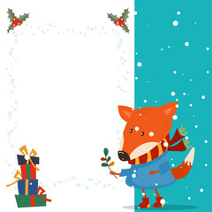 Merry Christmas and Happy New Year winter holidays greeting card with cartoon elements. Vector illustration