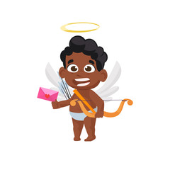 Afro cupid with love letter and bow illustration. Kid, love, romantic, angel. Saint Valentines Day concept. Vector illustration can be used for topics like romantic, love, celebration, greeting card 