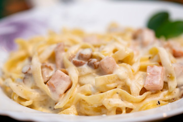 Tagliatelle pasta with cream, meat and mushrooms on the plate