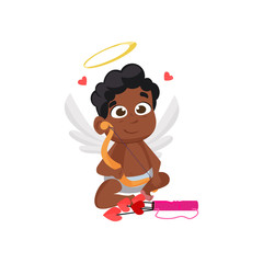 Sitting afro cupid illustration. Kid, angel, quiver, arrows. Saint Valentines Day concept. Vector illustration can be used for topics like romantic, love, celebration, greeting card 