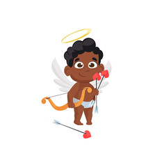 Smiling afro cupid with love arrows illustration. Kid, love, romantic, angel. Saint Valentines Day concept. Vector illustration can be used for topics like romantic, love, celebration, greeting card
