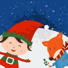 Merry Christmas and Happy New Year winter holidays greeting card with cartoon elements. Vector illustration