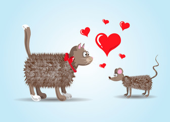 Couple of lovers Funny cartoon cat and rat with hearts