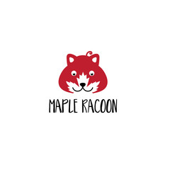 Template icon of racoon with maple leaf.Vector illustration