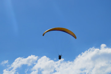 Paraglider flying on colored parachute in blue clear sky at a bright sunny summer day. Active lifestyle, extreme hobbies
