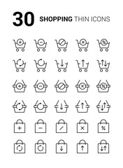 30 Simple thin line icons set. Seamless shopping cart, basket and bag for web and mobile design