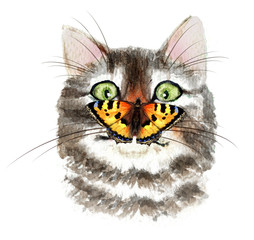 Dazed cat and a butterfly. Hand drawn watercolor - 242494213