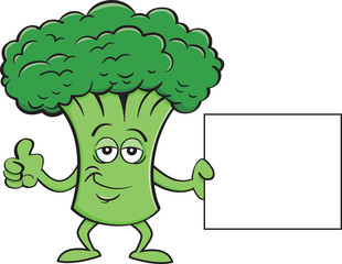 Cartoon illustration of a broccoli holding a sign.