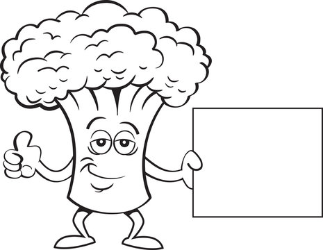 Black and white illustration of a broccoli holding a sign.