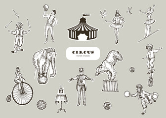 Retro circus performance set sketch stile vector illustration. Hand drawn imitation. Human and animals. Stickers design.