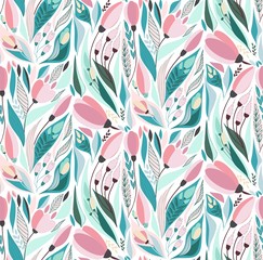 Lovely bright tender rustic folk art herbal floral spring pattern of hand drawn tulips with leaves vector illustration. Perfect for greetings card, textile, fabric, wallpapers, banners, phone case