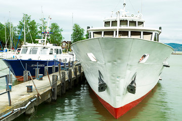 Heviz passenger ship and a Police ship in port of Fonyod at Lake Balaton in 26. April 2018, Hungary