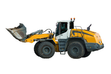Wheel Loader Isolated on White Background. Yellow Tractor Front Loader. Loading Shovel. Side View of Manufacturing Heavy Equipment Machine. Industrial Vehicle. Pneumatic Truck
