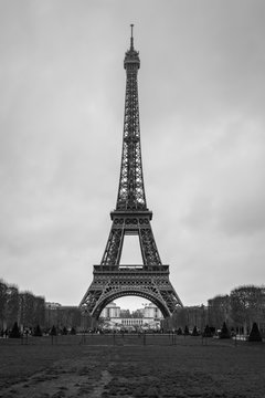 Eiffel Tower seen from Champ de Mars. UNESCO World Heritage Site. Paris landmark in black and white.