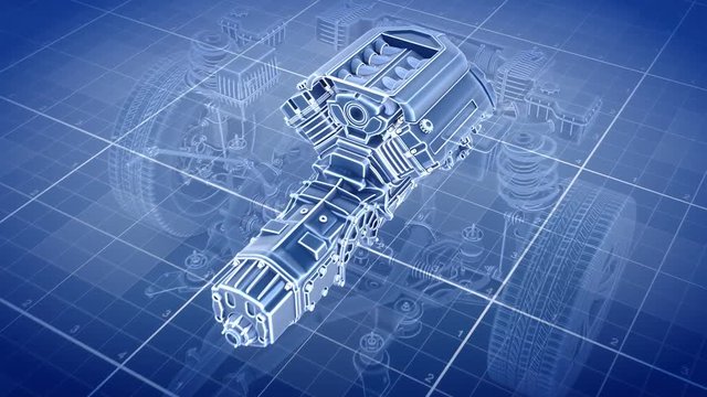 Working Car Internal Combustion Engine Scheme with chassis and wheels 3d render
