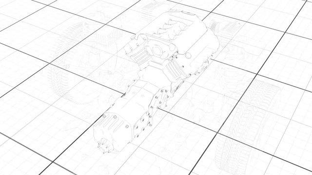 Working Car Internal Combustion Engine Scheme with chassis and wheels 3d render