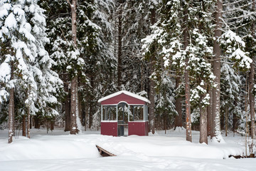 Wooden arbor in pine forest. Beautiful winter forest with snow covered trees. Winter landscape. Natural background