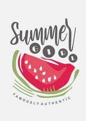 Tee shirt print template with watermelon graphic. Girls dress appearance with summer fruit and playful typo. Fashion vector pattern.