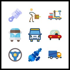 9 truck icon. Vector illustration truck set. delivery truck and steering wheel icons for truck works