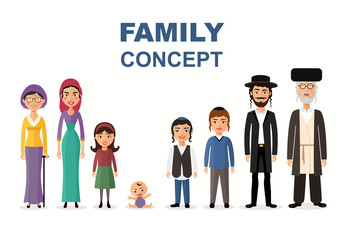 Big jewish family together cartoon concept vector illustration isolated on white