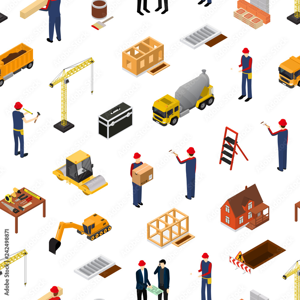 Poster construction building concept seamless pattern background 3d isometric view. vector