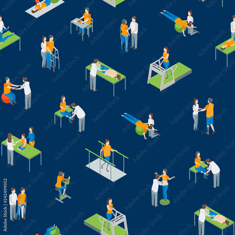 Poster physiotherapy people seamless pattern background 3d isometric view. vector