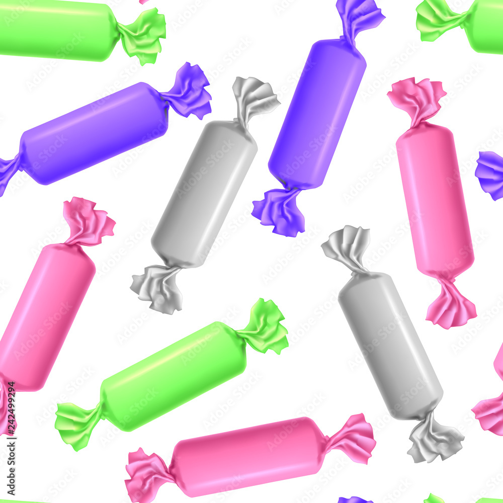 Poster realistic detailed 3d different color wrapped candies seamless pattern background. vector