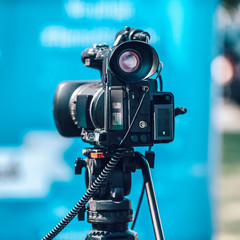 Press Conference Event. Camera Recording, Outdoor Media Event