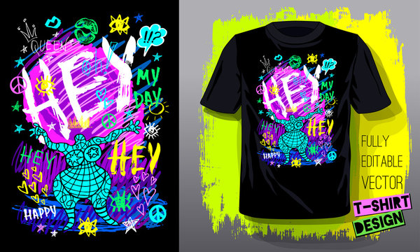 Hey happy. Trendy t-shirt template, fashion t shirt design, bright, summer, cool slogan lettering. Color pencil, marker, ink, pen doodles sketch style. Hand drawn illustration vector