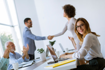 Businessman shaking hands to seal a deal with his female partner