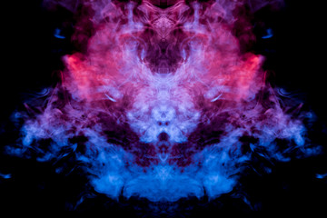 The cloud of dynamic smoke exhaled from the vape is highlighted with pink blue and violet light and rising to take the mystical shape of the animal's head on a black background.