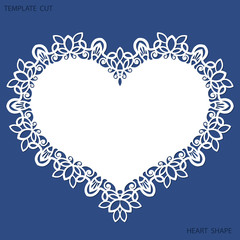 Greeting card with openwork border, paper doily under the cake, template for cutting in the form of heart, valentine card,  wedding invitation, decorative plate is laser cut,  vector illustrations.
