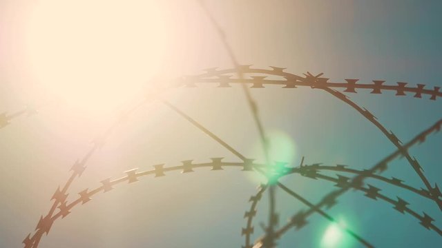 fence prison closed area strict regime silhouette barbed wire. illegal immigration fence from refugees. lifestyle illegal immigration concept prison a prison fence