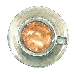 Dusty-green color cup of coffee or hot chocolate, hand drawn watercolor illustration, view from above