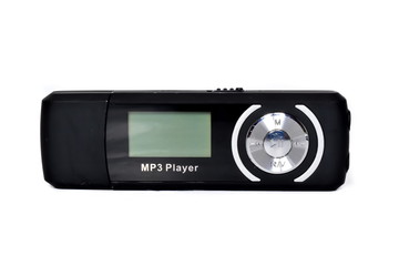 Front view of black digital portable mp3 player with display on white background. Isolated - obrazy, fototapety, plakaty