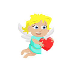 Little angel girl carrying red heart. Cartoon character, wings, cherub. Valentines day concept. Can be used for topics like love, romance, dating