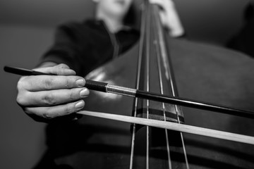 Young unidentifiable musician playing on the double bass in black and white.