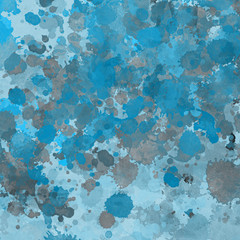 Blue paint splatter effect texture on white paper background. Artistic backdrop. Different paint drops.