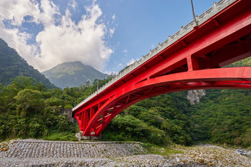 Beautiful landscape scenic of Taroko mountain with Red Shakadang bridge in Xiulin township, Hualien, Taiwan.
