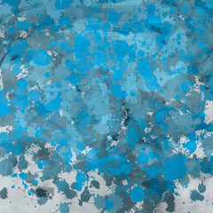 Blue paint splatter effect texture on white paper background. Artistic backdrop. Different paint drops.