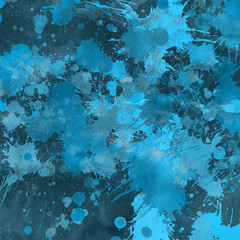 Fototapeta na wymiar Blue paint splatter effect texture on white paper background. Artistic backdrop. Different paint drops.