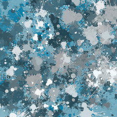 Blue paint splatter effect texture on white paper background. Artistic backdrop. Different paint drops.