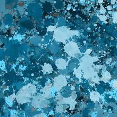 Blue paint splatter effect texture on white paper background. Artistic backdrop. Different paint drops.